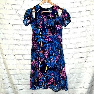Anthropologie Maeve Elia Black Blue Pink Floral Cold Shoulder Dress Size 8